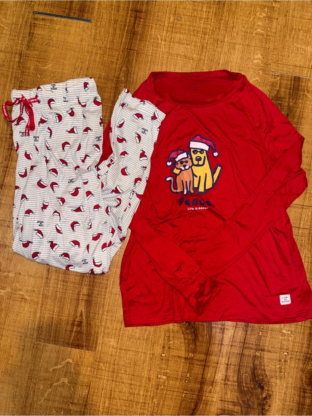 Life Is Good Red Holiday Pajama Set with Festive Pet Graphic
